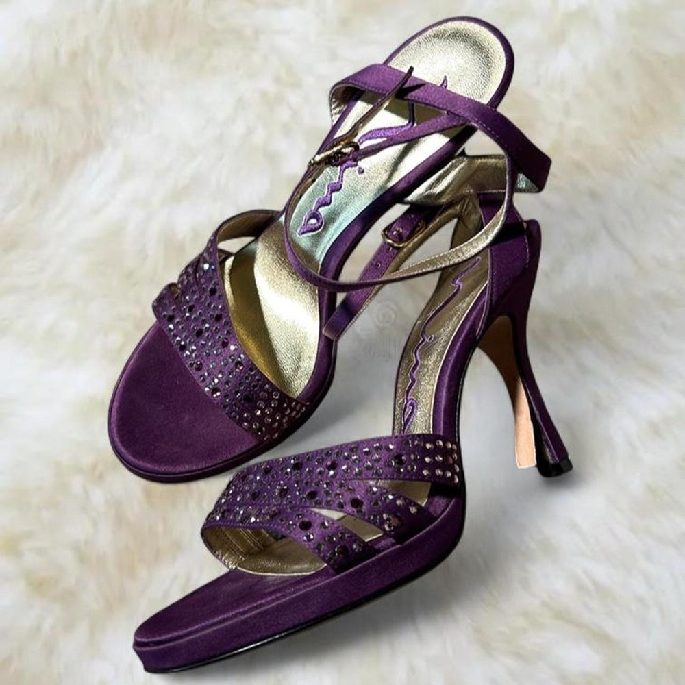 Vintage Nina Purple Rhinestone Strappy Heels Y2K Satin Stiletto Sandals Women 7M